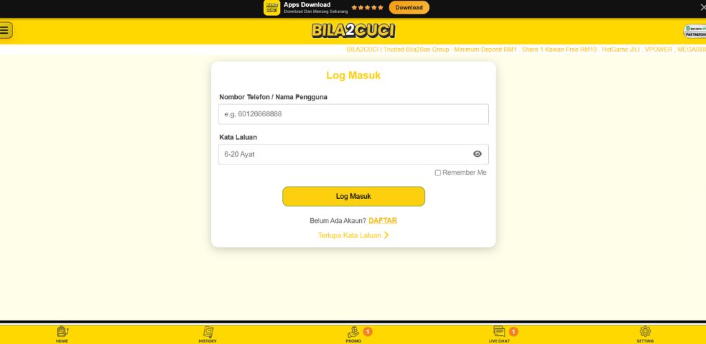 Bila2Cuci Login Page